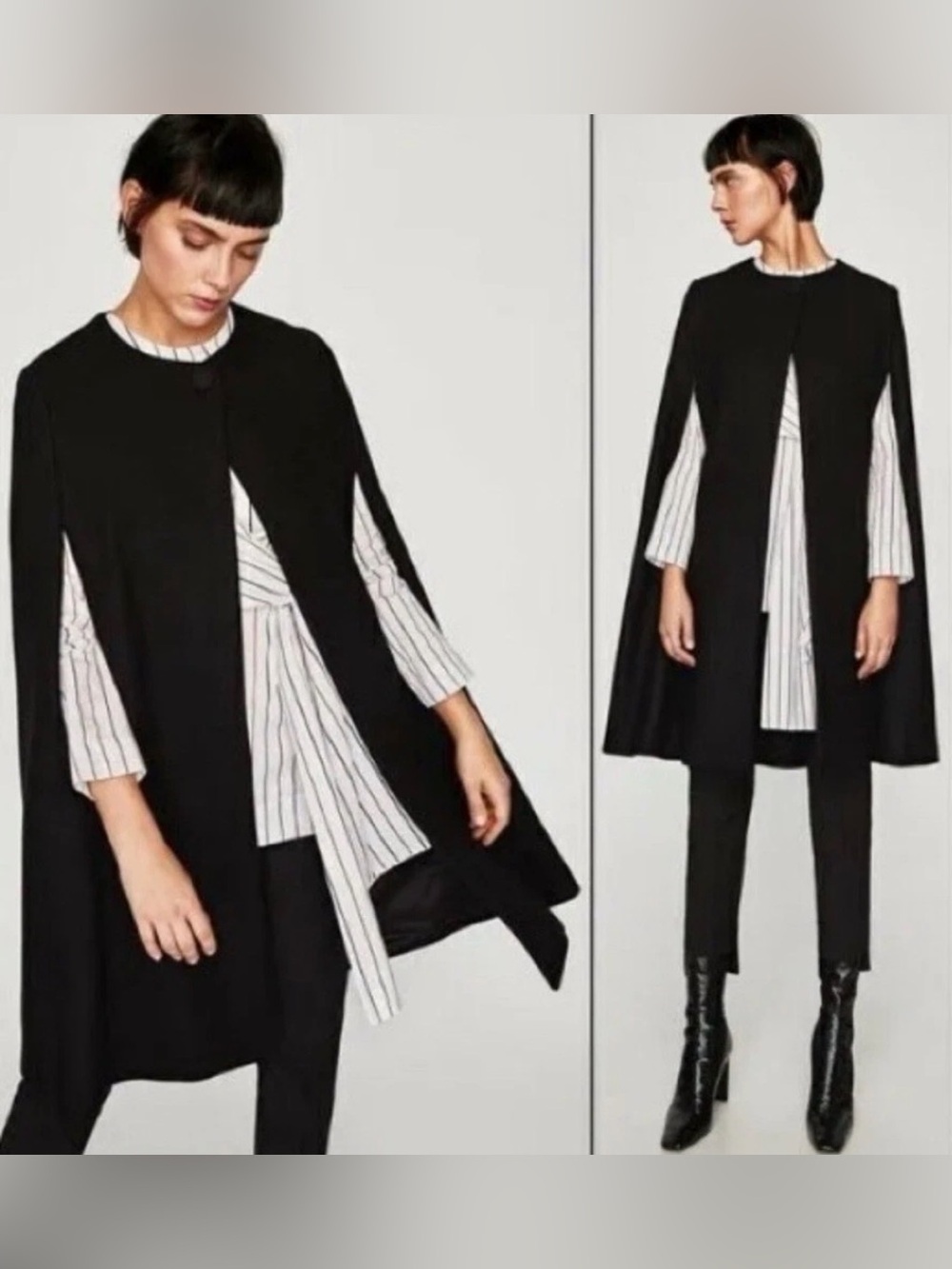 Zara Woman Black Open-Front Wool Cape Sweater Classic Elegant